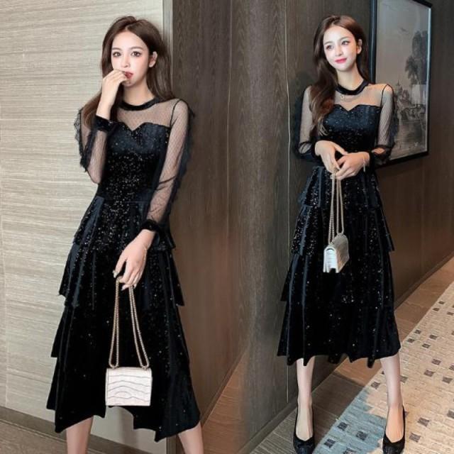 パーティードレス 結婚式 ドレス お呼ばれ 黒 韓国 袖あり 長袖 パーティードレス 結婚式 ドレス お呼ばれ 黒 韓国 袖あり 長袖