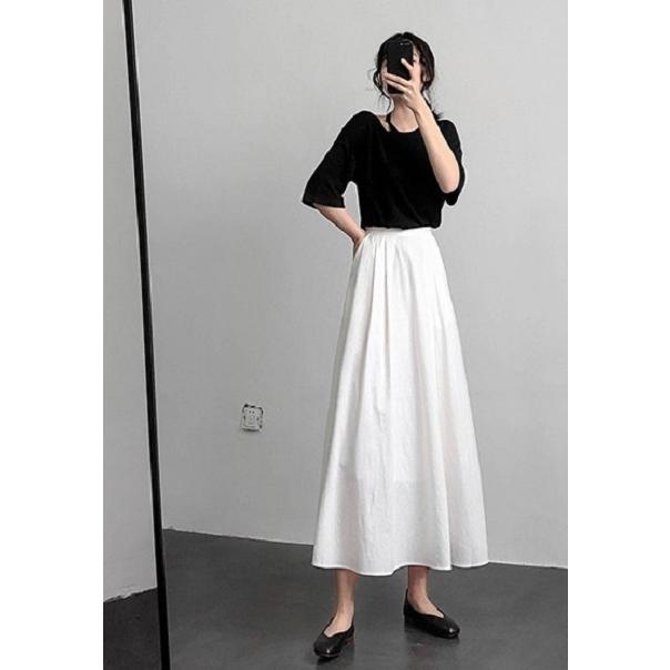 インポートロッサ　ロングスカート　フレア　白　抽象画　モダン　ウエストゴム　上品 KOEISTORE スカート レディース フレアスカート リネン 黒 白