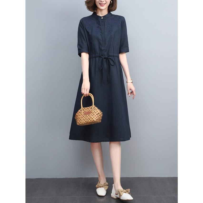 【美品】半袖ドロストシャツワンピース ワンピース レディース 膝丈 綿麻混 シャツワンピース 半袖 春