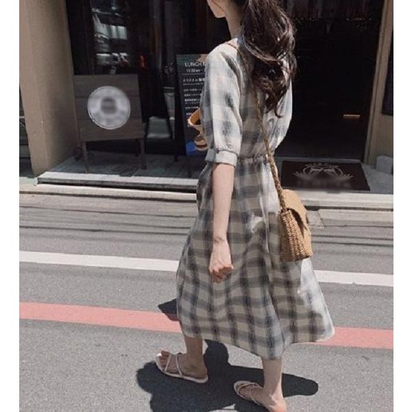 ワンピース レディース ロング 半袖 チェックワンピース シャツ