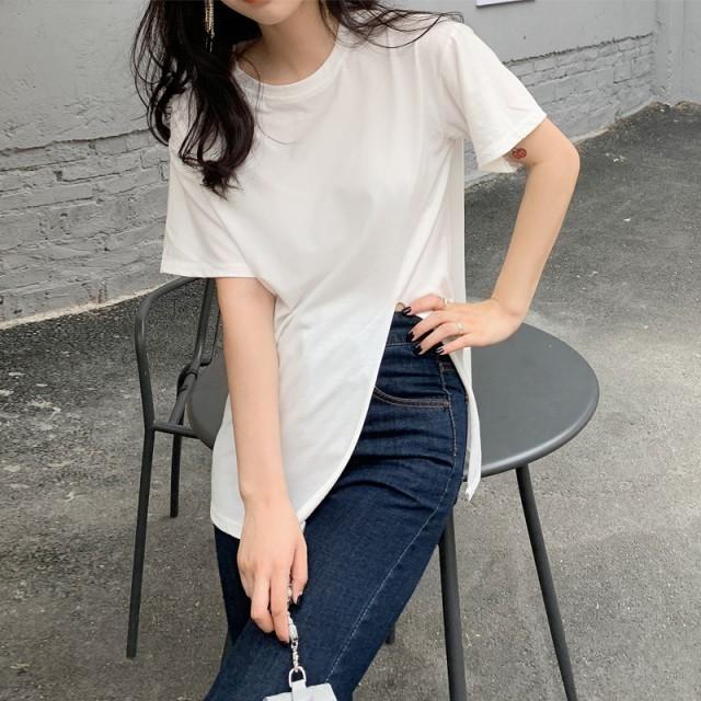 トップス ロングTシャツ Tシャツ レディース 半袖 スリット 春夏