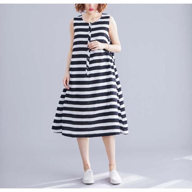 ワンピース レディース 夏 ボーダーワンピース ノースリーブ ミモレ丈