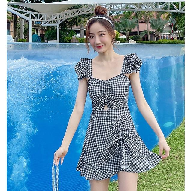 露出少な目☆ ギンガム スカート リボン ワンピース 水着 露出少な目☆ ギンガム スカート リボン ワンピース 水着