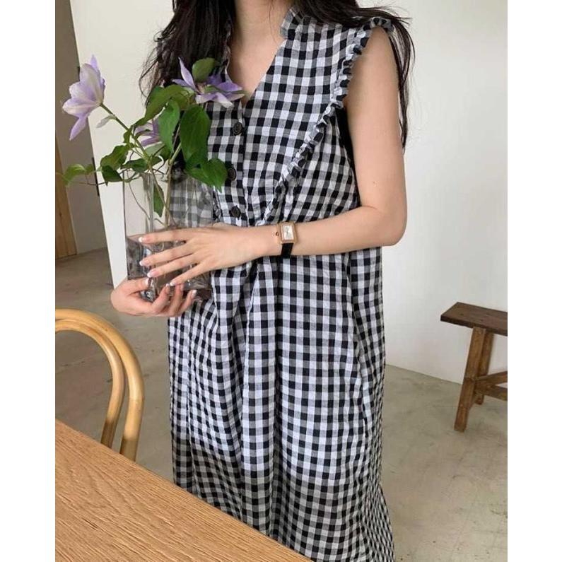 ギンガムチェック ノースリーブ ワンピース ロング 夏 レディース