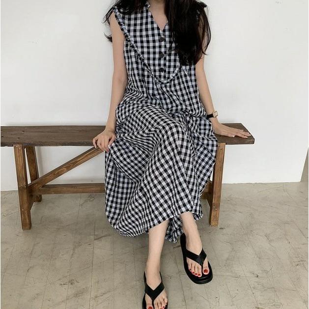 ギンガムチェック ノースリーブ ワンピース ロング 夏