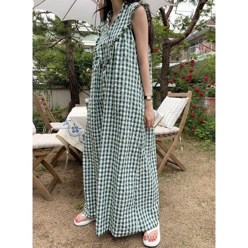 ギンガムチェック ノースリーブ ワンピース ロング 夏