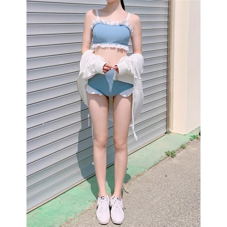 ♡未使用新品！ハイウエストフリルビキニ 韓国 水着♡ 水着] ギンガムチェック ビスチェ 袖あり フリル 袖あり インナー