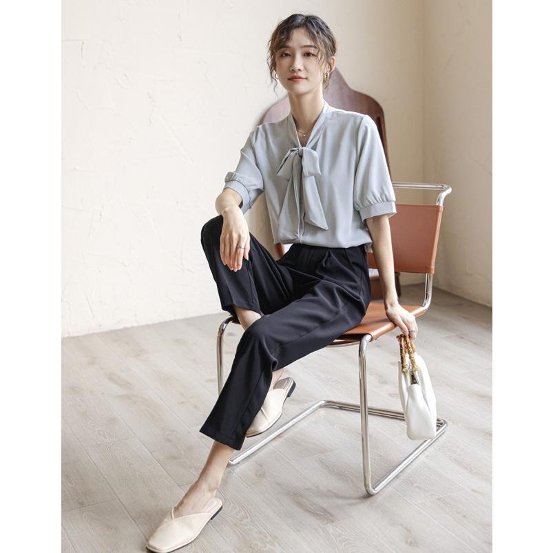 トップス レディース ボウタイブラウス 半袖 春夏 シャツ