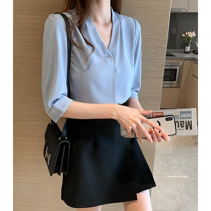 シャツブラウス トップス レディース 半袖 春夏 ノーカラー シャツ