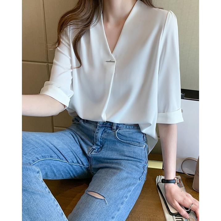 シャツブラウス トップス レディース 半袖 春夏 ノーカラー シャツ