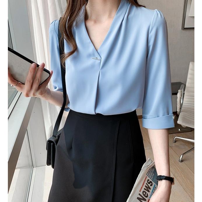 シャツブラウス トップス レディース 半袖 春夏 ノーカラー シャツ