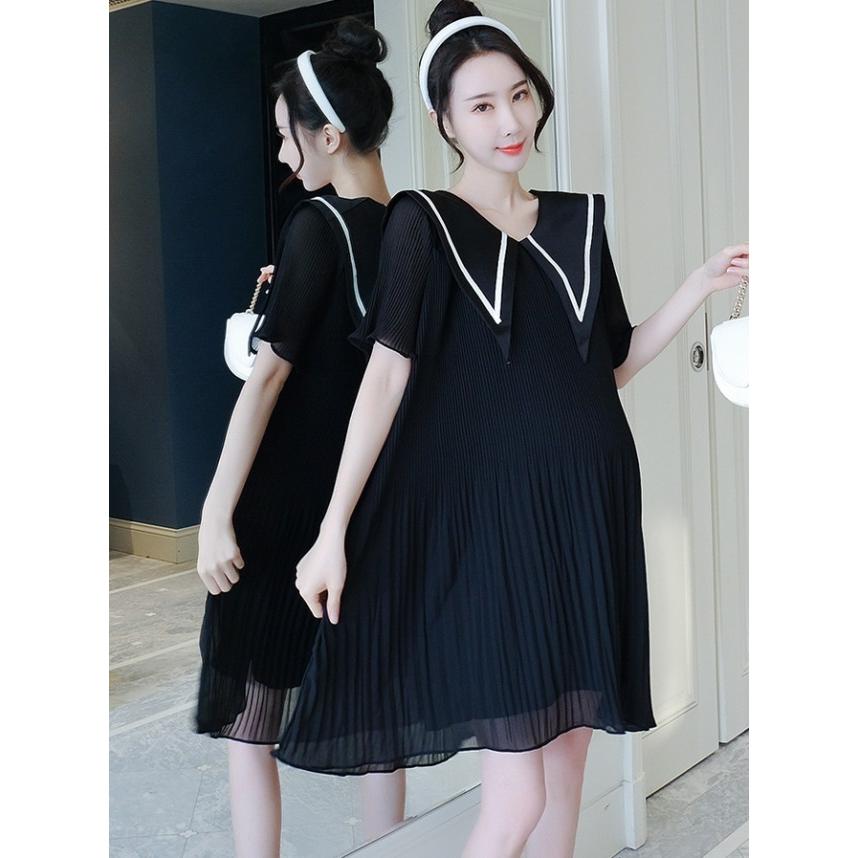 マタニティ ワンピース ドレス 結婚式 お呼ばれドレス 袖あり 半袖 膝丈 フォーマル 大きいサイズ 3l プリーツ 黒 襟付き ビッグカラー 妊婦 服 Ssg0304 Leap リープ 通販 Yahoo ショッピング