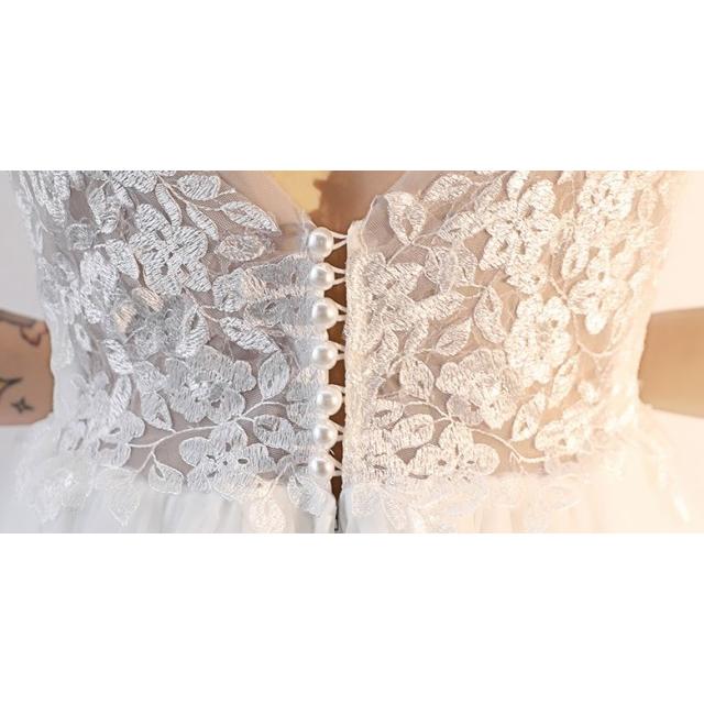 ウェディングドレス 刺繍 パール リボン レース ロング丈 パーティー