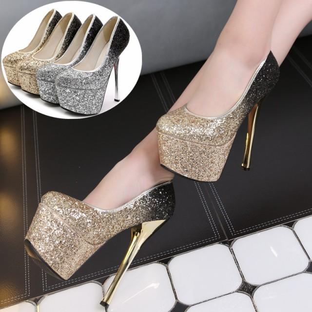 ハイヒール パンプス キラキラ ハイヒール 厚底 レディース スパンコール 結婚式 お呼ばれ 二次会 パーティー シルバー ゴールド | 