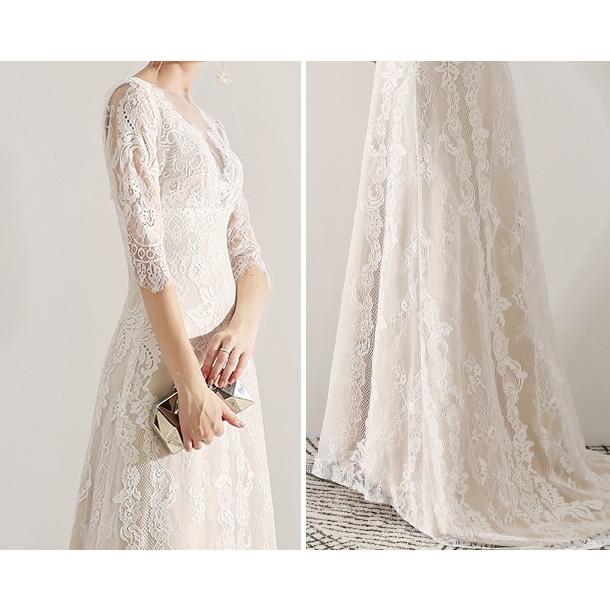 ウェディングドレス 袖あり 七分袖 結婚式 二次会 花嫁 刺繍 レース パーティドレス ロングドレス Vネック 花柄 総レース トレーンドレス |  | 08