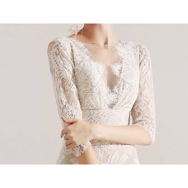 ウェディングドレス 袖あり 七分袖 結婚式 二次会 花嫁 刺繍 レース パーティドレス ロングドレス Vネック 花柄 総レース トレーンドレス |  | 09