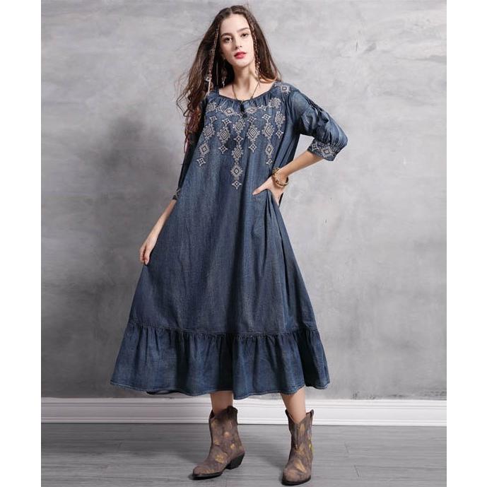 デニム ロングワンピース 大きいサイズ マキシ丈 ワンピース レディース マキシワンピース 七分袖 ロングワンピース 春 夏 ゆったり エスニック