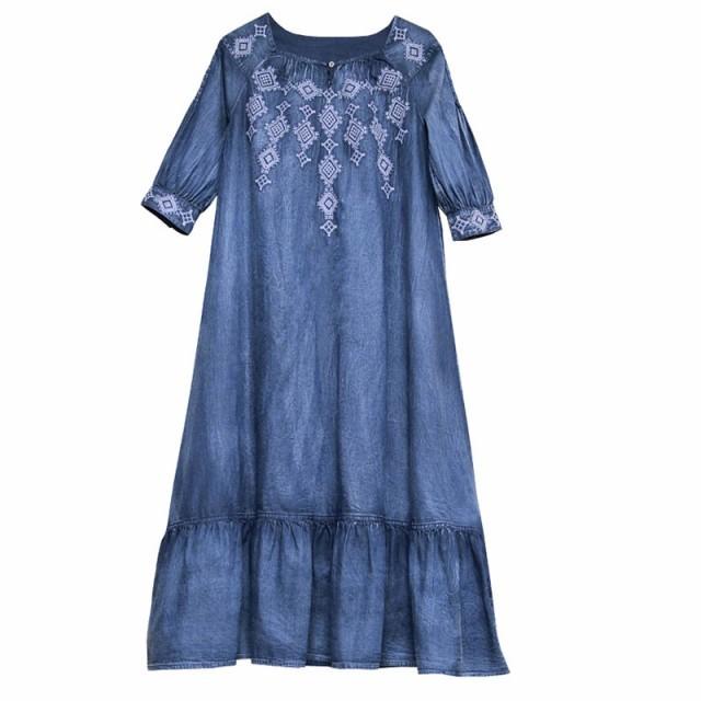 デニム ロングワンピース 大きいサイズ マキシ丈 ワンピース レディース マキシワンピース 七分袖 ロングワンピース 春 夏 ゆったり エスニック_4