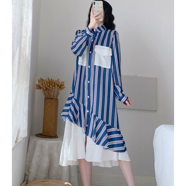 ストライプ シャツワンピース ワンピース レディース 長袖 ミモレ丈 春  