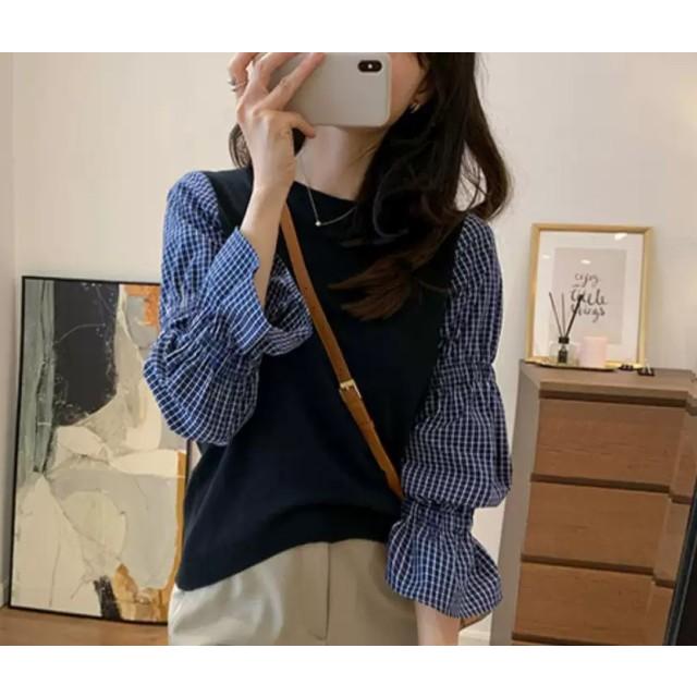 ドッキングシャツ レイヤード風トップス 重ね着風 シャツ