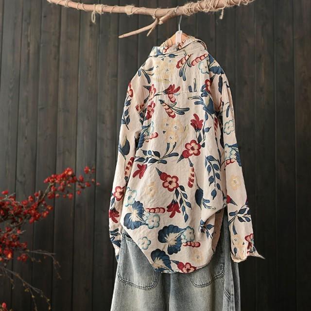 シャツ 花柄 レディース 長袖 トップス 春秋 柄シャツ 襟付き