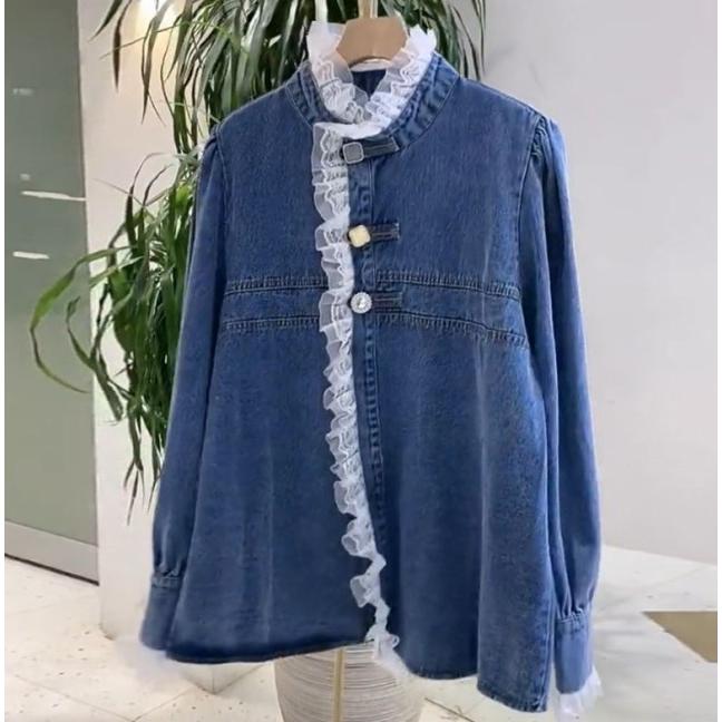 デニムシャツ レディース トップス 長袖 フリルブラウス シャツブラウス 春 秋 スタンドカラーシャツ 大きいサイズ おしゃれ ハイネック 韓国 ファッション デニムシャツ レディース トップス 長袖 フリルブラウス シャツ