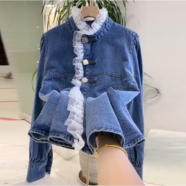 デニムシャツ レディース トップス 長袖 フリルブラウス シャツブラウス 春 秋 スタンドカラーシャツ 大きいサイズ おしゃれ ハイネック 韓国 ファッション デニムシャツ レディース トップス 長袖 フリルブラウス シャツ