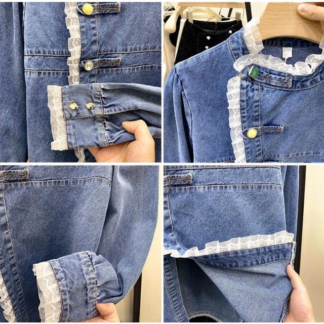 デニムシャツ レディース トップス 長袖 フリルブラウス シャツブラウス 春 秋 スタンドカラーシャツ 大きいサイズ おしゃれ ハイネック 韓国 ファッション デニムシャツ レディース トップス 長袖 フリルブラウス シャツ