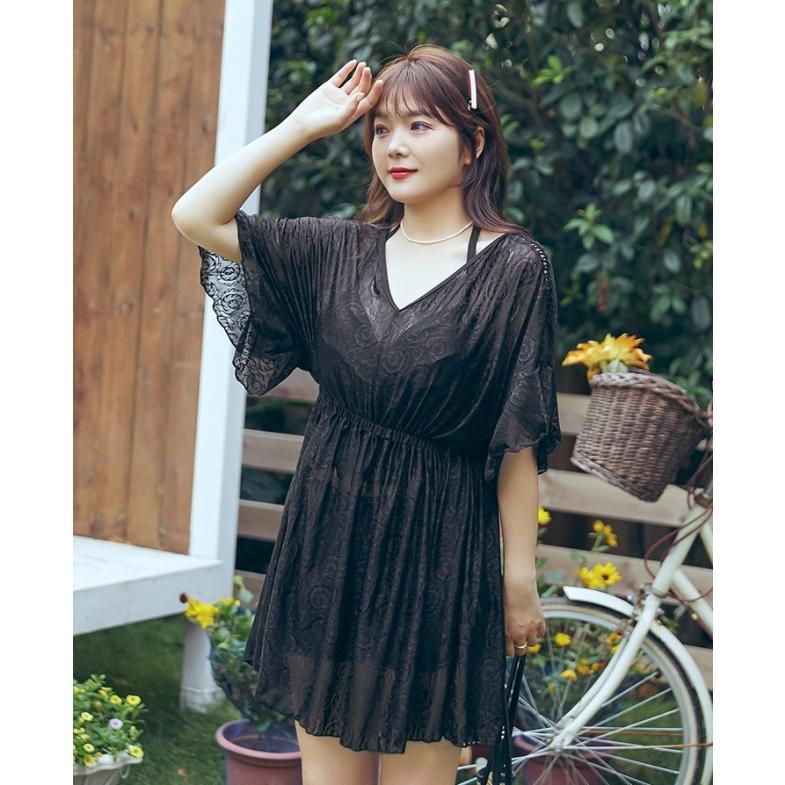 ALBAROSA ハイビスカス柄 水着 F 黒×ピンク ALBA ROSA 花柄セパレート