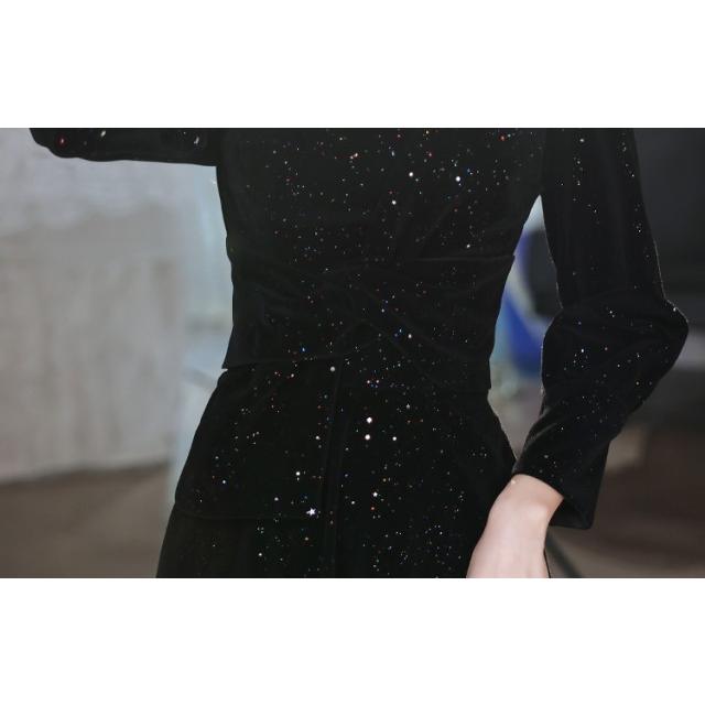 パーティードレス 結婚式 お呼ばれドレス ロングドレス 黒 ロング 袖