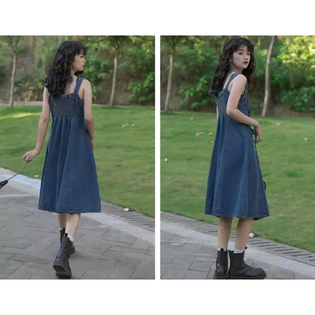 サロペットスカート デニム ジャンパースカート ワンピース 膝丈