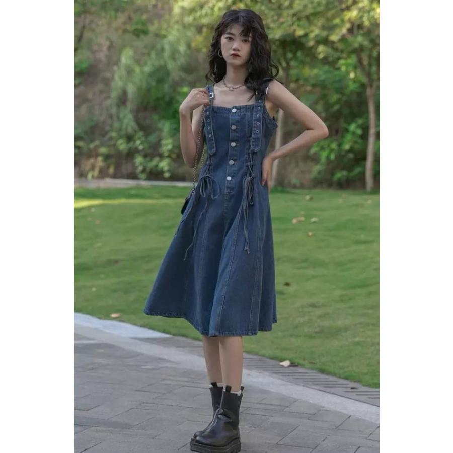 サロペットスカート デニム ジャンパースカート ワンピース 膝丈