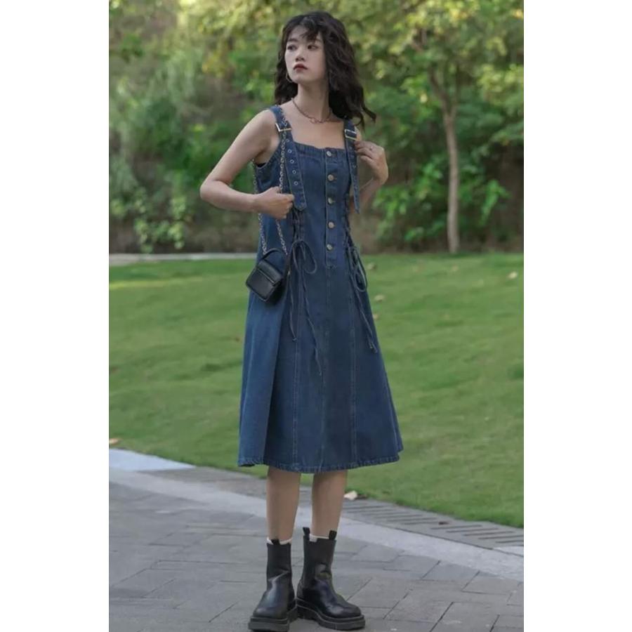 サロペットスカート デニム ジャンパースカート ワンピース 膝丈