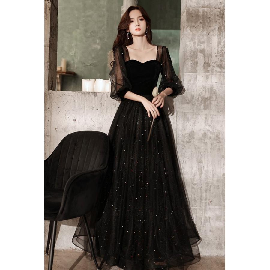 パーティードレス ロング 袖あり 半袖 結婚式 お呼ばれドレス カラー