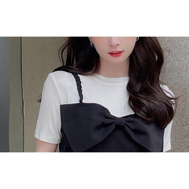 Spick & Span ダブルストラップ黒リボンかわいいサロペットパンツ Spick & Span ダブルストラップ黒リボンかわいいサロペット