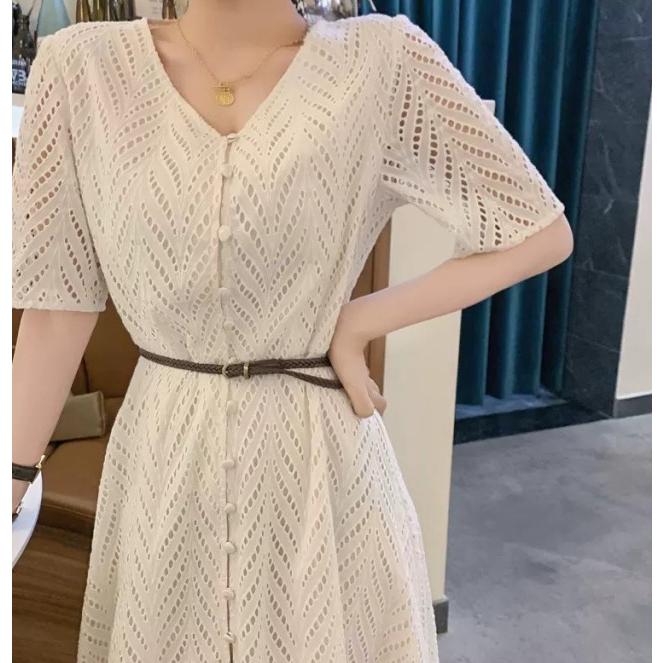 パンチングレース ワンピース レディース ロング 半袖 春 夏