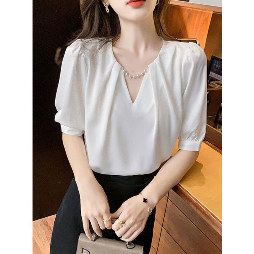 ブラウス レディース 半袖 トップス 夏 春 Vネック キーネック ノーカラー パフスリーブ オフィス 通勤服 お呼ばれ 大きいサイズ きれいめ カジュアル 白