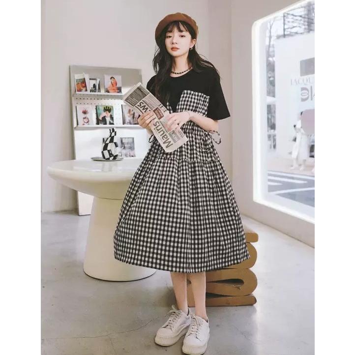 ギンガムチェック ワンピース レディース 夏 春 ドッキングワンピース