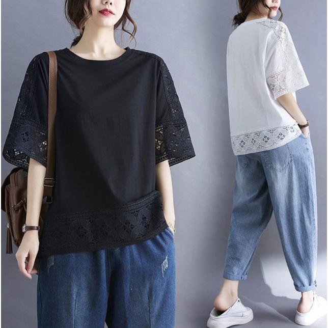 レース袖 半袖 カットソー 五分袖 Tシャツ レディース トップス 春 夏 レーストップス シンプル カジュアル 大きいサイズ 3L ゆったり おしゃれ 白 黒