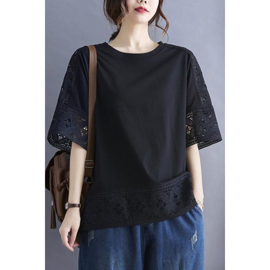 レース袖 半袖 カットソー 五分袖 Tシャツ レディース トップス 春 夏 レーストップス シンプル カジュアル 大きいサイズ 3L ゆったり おしゃれ 白 黒 レース袖 半袖 カットソー 五分袖 Tシャツ レディース トップス