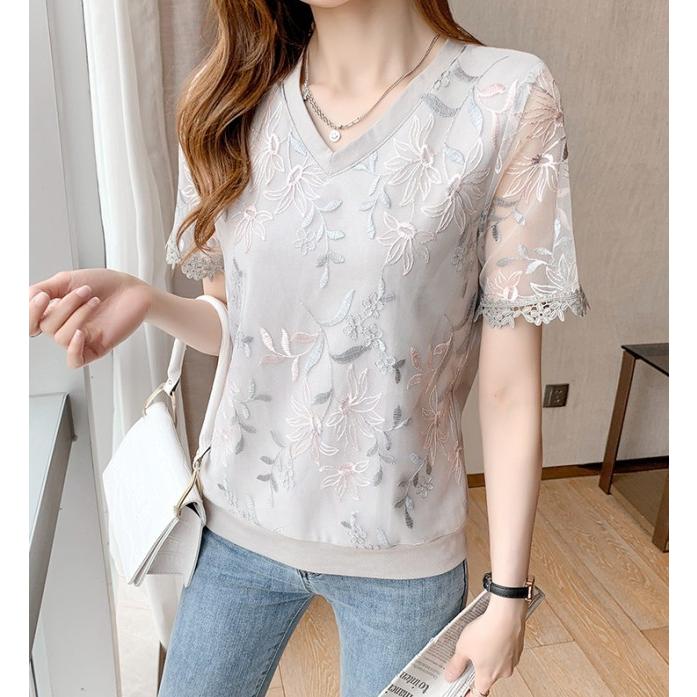 レース トップス レディース 半袖 カットソー Tシャツ Vネック レース袖 春 夏 大きいサイズ 3L 花柄 おしゃれ 通勤服 オフィス きれいめ カジュアル