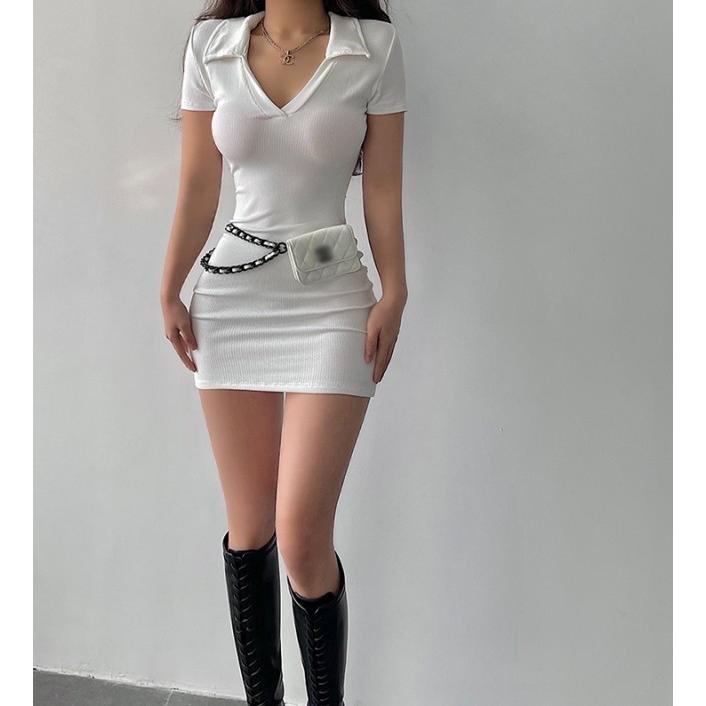 タイト ワンピース ミニ レディース 春夏 半袖 Vネック 襟付き