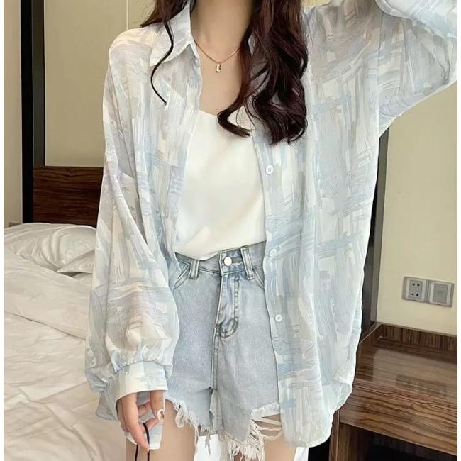 柄シャツ レディース トップス 春夏 秋 シャツブラウス 長袖 大きいサイズ 3L シアーシャツ シアートップス ゆったり オーバーサイズ ビッグシルエット
