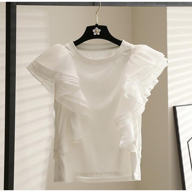 ブラウス レディース フリル袖ブラウス フリル トップス 半袖 フレンチスリーブ Tシャツ カットソー クルーネック ノーカラー 白 黒 カジュアル 可愛い