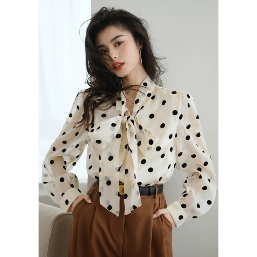 ボウタイブラウス レディース 長袖 トップス ドット柄 総柄