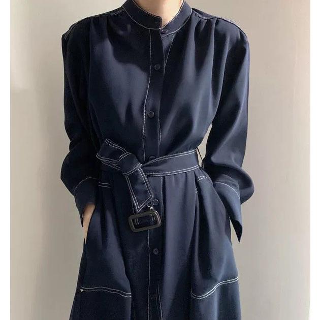 デニムワンピース シャツワンピース 長袖 デニム ワンピース レディース Aライン 春 秋 ウエストマーク 大きいサイズ ロングコート 韓国 ファッション