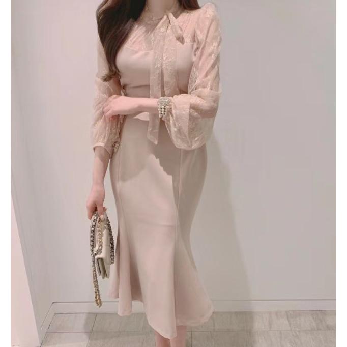 パーティードレス 結婚式 お呼ばれドレス マーメイドワンピース マーメイドドレス 株式会社S＆L シアー袖 ボウタイリボン パフスリーブ 袖あり 長袖 黒 膝下丈 パーティードレス 結婚式 お呼ばれドレス マーメイドワンピース