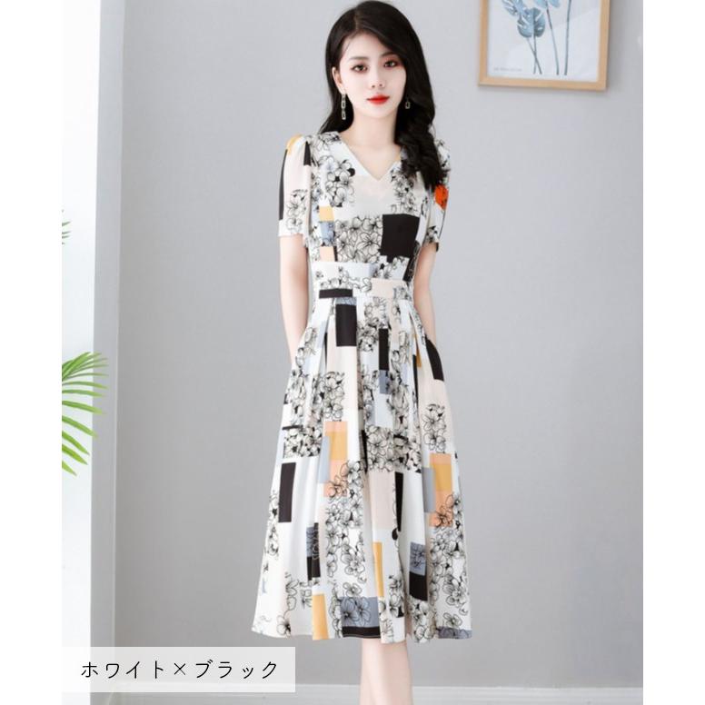 ワンピース レディース 花柄 きれいめ 春 夏 膝下 Vネック 半袖 ミディアムワンピース Aラインワンピース ウエストリボン 大きいサイズ 3L 4L 5L 白 黒 赤_1