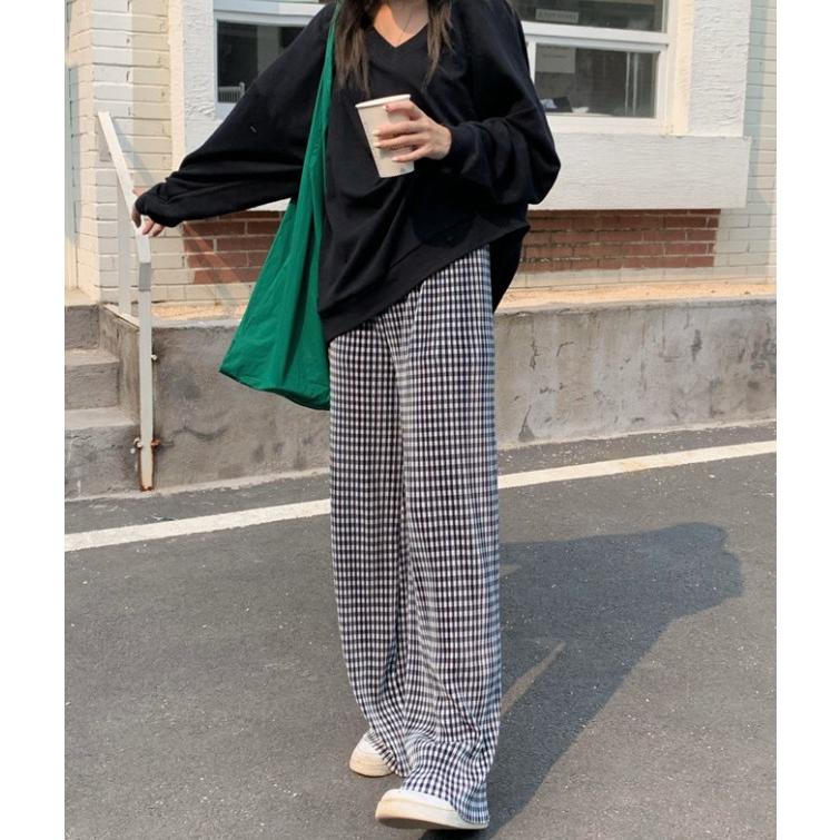 ワイドパンツ レディース 春夏 ボトムス ロング ギンガムチェック 無地