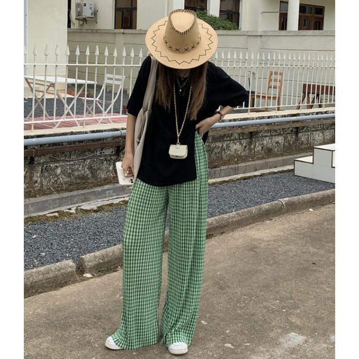 ワイドパンツ レディース 春夏 ボトムス ロング ギンガムチェック 無地